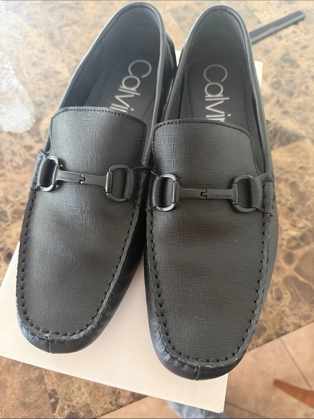 Calvin Klein Black Leather Bit-Detail Slip-On Loafers